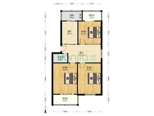 海校宿舍 3室2厅1卫 98平方
