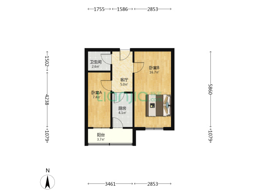 东城名郡西区 2室1厅1卫 50平方