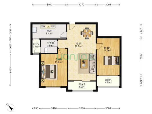 金地京汉1903 2室1厅1卫 99平方