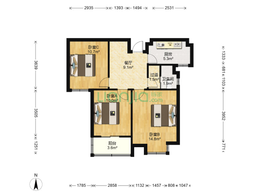 开元小区 3室1厅1卫 78平方