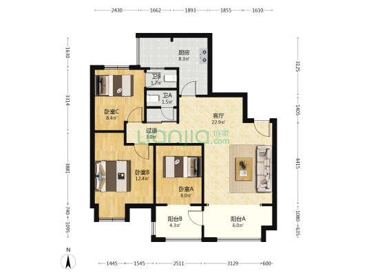 海悦豪庭一期 3室1厅3卫 88平方