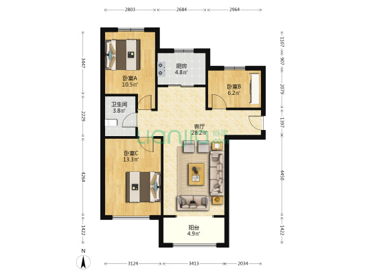 狮子城南北向户型.全天采光.配套设施齐全.出行方便.-户型图