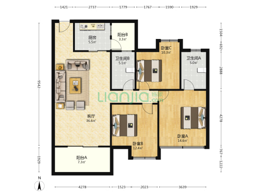 金保利世界城 3室1厅2卫 126平方