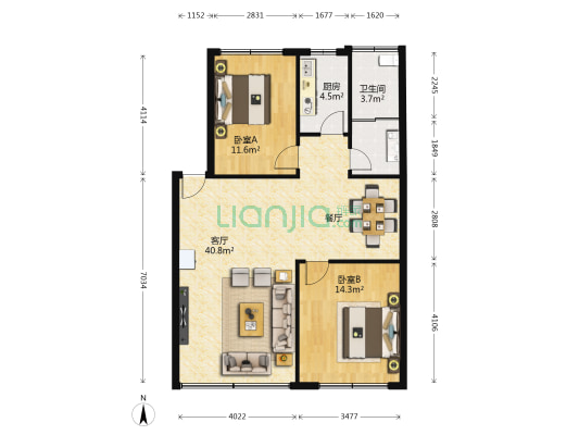 锦霞花苑 2室1厅2卫 91平方