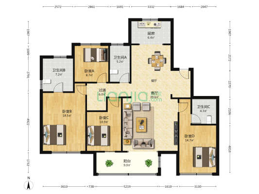 雨荷郡 4室1厅3卫 186平方