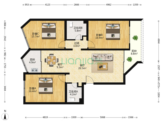 民丰路 3室2厅2卫 140平方