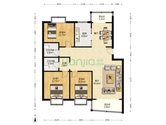 阳光丽景小区 3室1厅2卫 130平方
