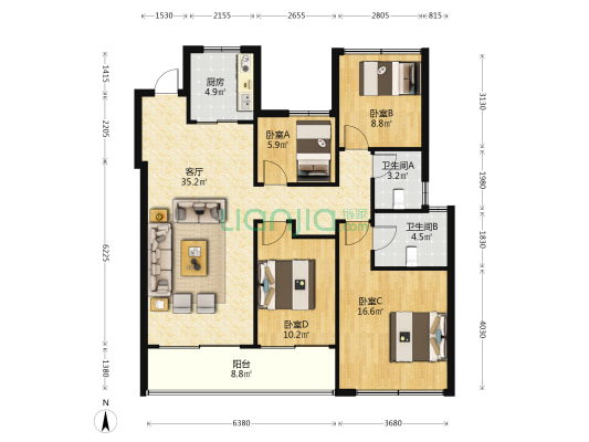 奥克斯金宸玖和府 4室1厅2卫 125平方