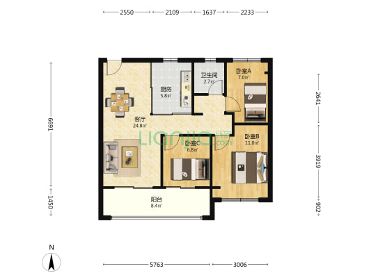 保利燕璟和颂  3室1厅1卫 88平方
