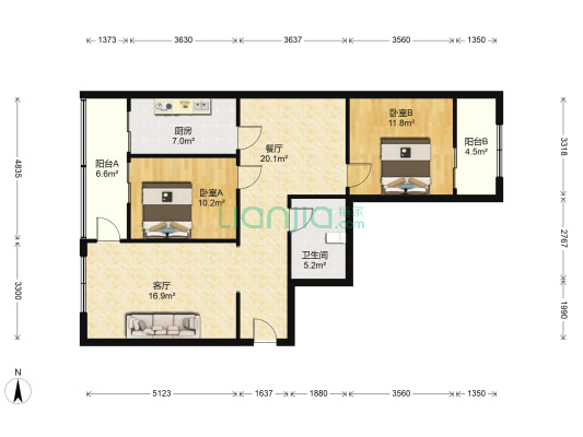 唐人花园 2室2厅1卫 107平方