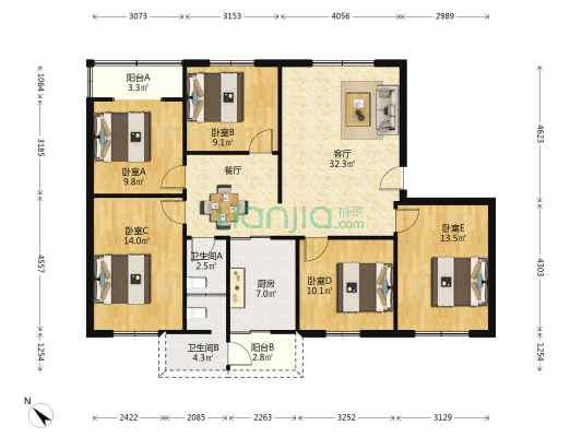向阳街68号 5室1厅2卫 115平方