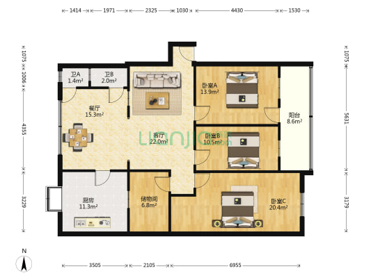 文宣巷1号小区 3室2厅2卫 113平方