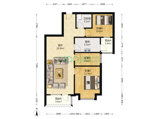华融现代城朝南三居室，满二无遮挡-户型图