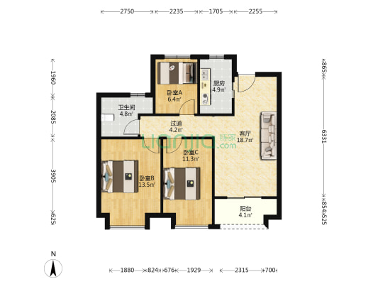 建发央誉 3室1厅1卫 89平方
