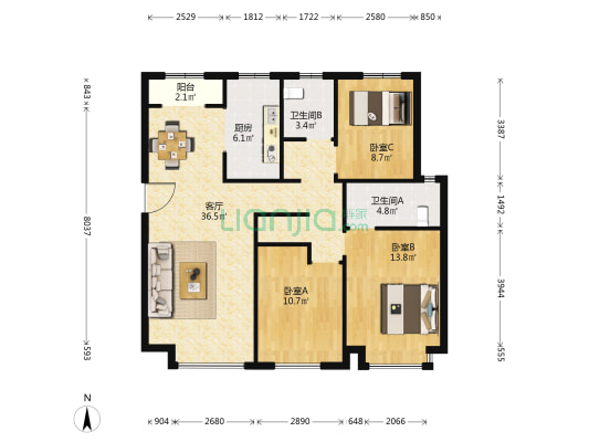 远洋未来城秋颂苑 3室1厅2卫 117平方