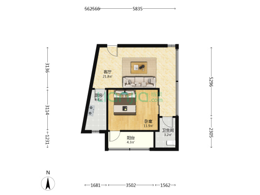 兴关北巷3号 1室1厅1卫 45平方