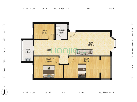 托福园东小区 3室1厅1卫 93平方