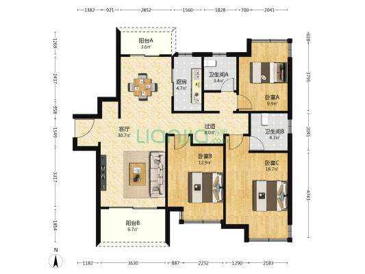 新力尊园 3室1厅2卫 124平方