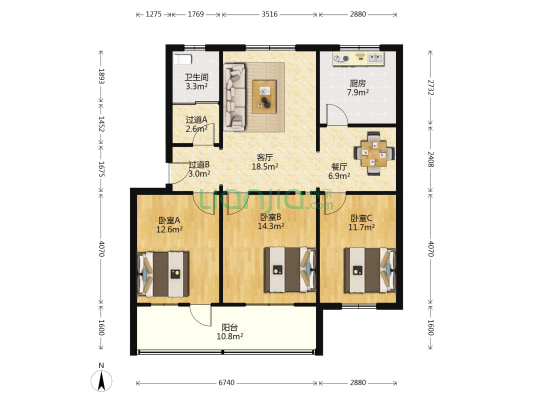 佳元小区 3室2厅1卫 110平方