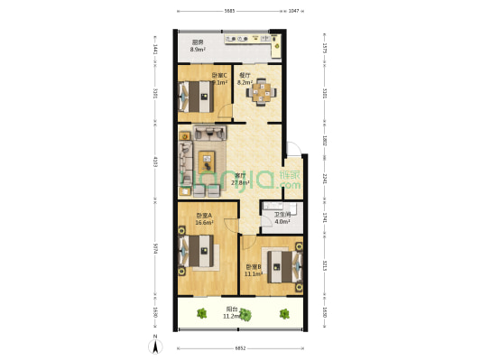 马道底 3室2厅1卫 108平方