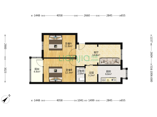 中北路中学教师宿舍 2室1厅1卫 66平方