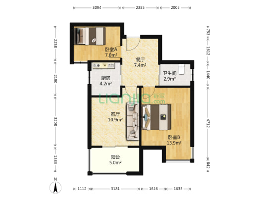 和苑 2室2厅1卫 67平方