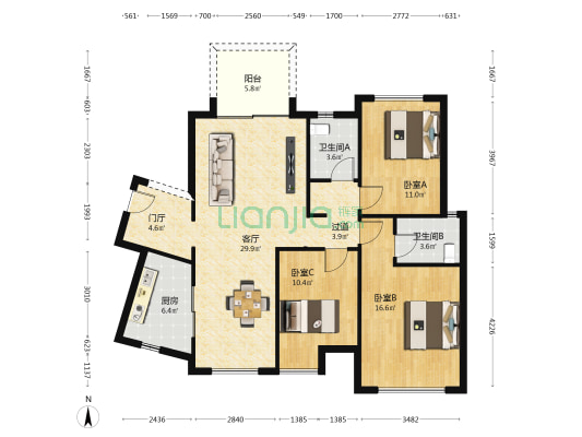 天街华府二期 3室1厅2卫 118平方