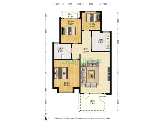 东郡MARK墅 3室1厅1卫 90平方