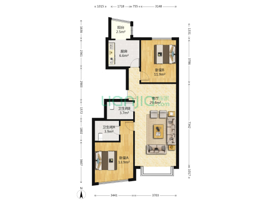 一瓶 2室1厅2卫 107平方