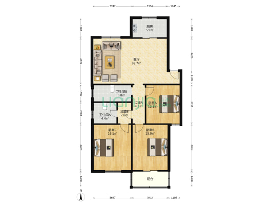 桃花苑 3室1厅2卫 122平方
