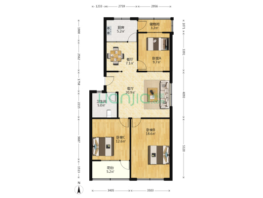 新华路社区 3室2厅1卫 105平方