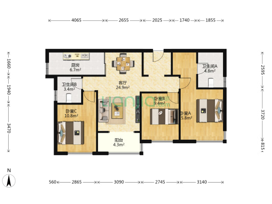 龙湖天璞 3室1厅2卫 114平方