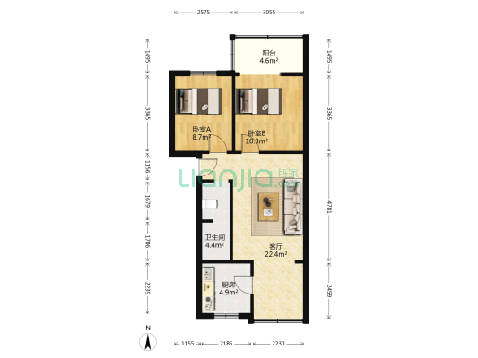 东城根下街24号 2室1厅1卫 66平方