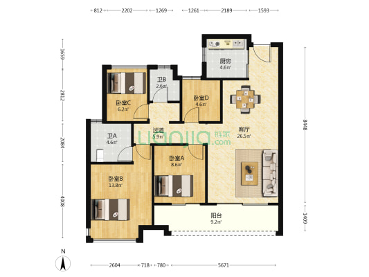 灯湖首府 4室1厅2卫 105平方