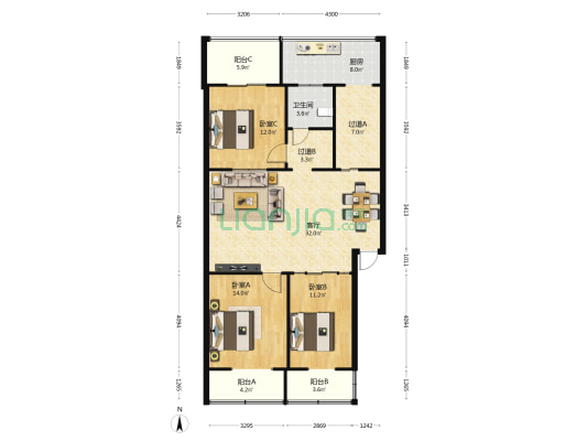 4370厂拐角楼 3室1厅1卫 126平方