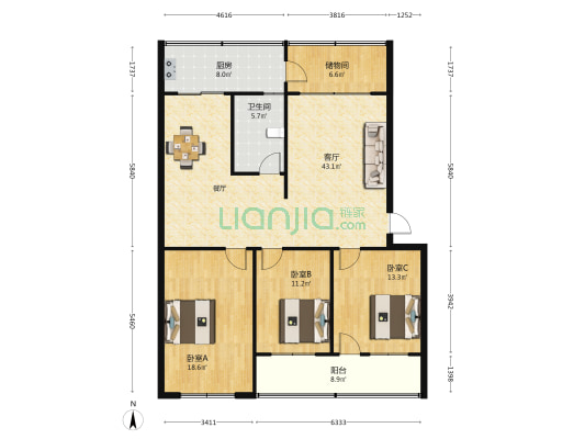 滨湖小区 3室1厅1卫 130平方