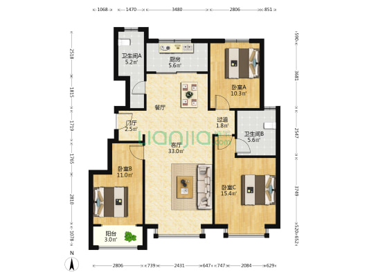 中建海纳府 3室1厅2卫 121平方