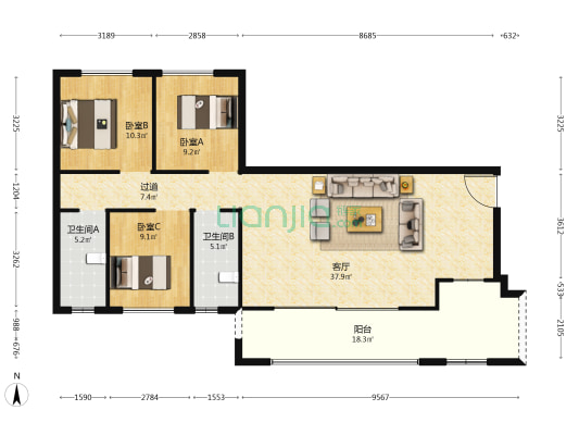远洋观山天铂 3室1厅2卫 124平方