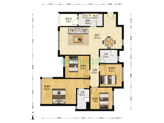 明信城B区 4室1厅2卫 109平方
