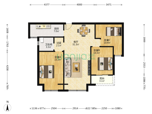物华臻悦苑 3室2厅1卫 108平方