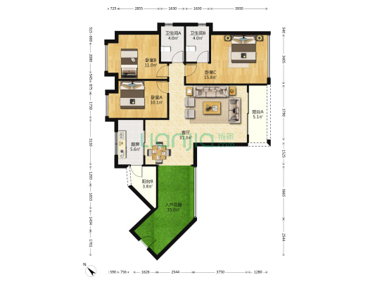 东海蓝湾一期 3室1厅2卫 124平方