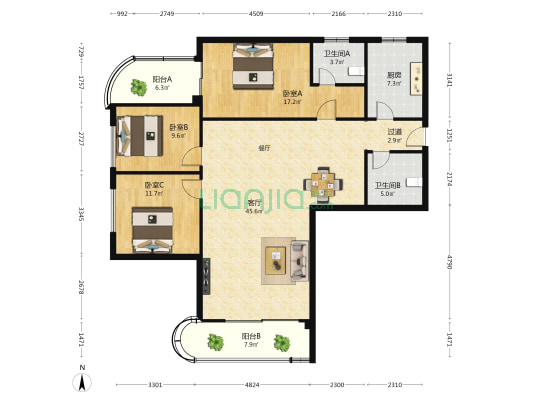 湖东花园 3室1厅2卫 140平方