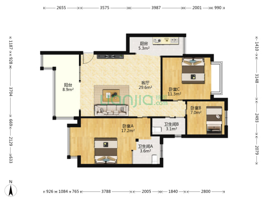 龙华阳光 3室1厅2卫 102平方