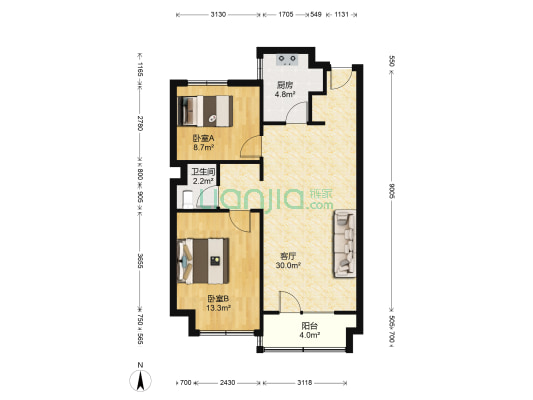 万科城市之光 2室1厅1卫 87平方