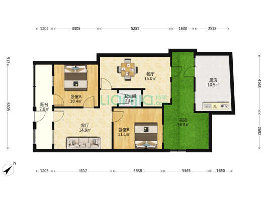 建干路1号 2室2厅1卫 56平方