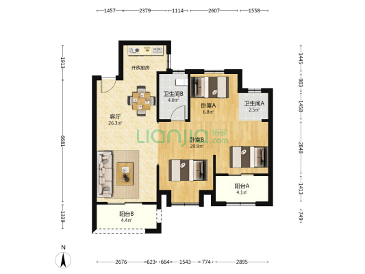钱隆大第 2室1厅2卫 89平方