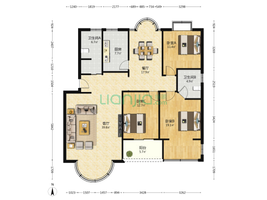 龙翔花园 3室2厅2卫 140平方
