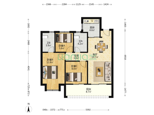 明玥春汀 3室1厅2卫 89平方