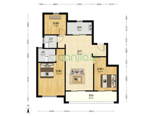 银城玖珑天著 3室1厅2卫 105平方