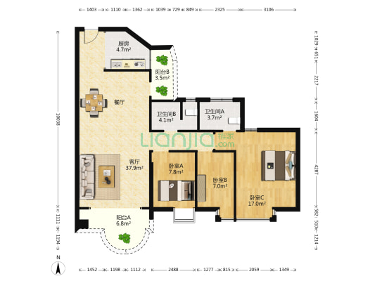隆盛花园 3室1厅2卫 108平方